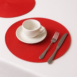 Set of 2 Red Woven Round Placemats • Easy Clean • Dining/Kitchen Decor